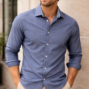 Ted Baker Shirt Button Up Blue Herringbone Geometric Trim Long Sleeve Sz M